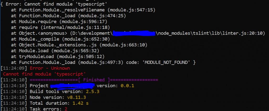 Consolenausgabe für gulp serve mit Fehler