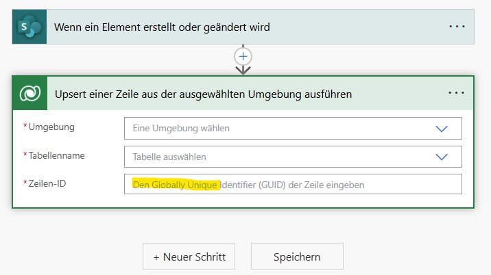 Dataverse Upsert-Aktion in Power Automate. Zeilen-ID ist hier als Pflichtfeld hervorgehoben.